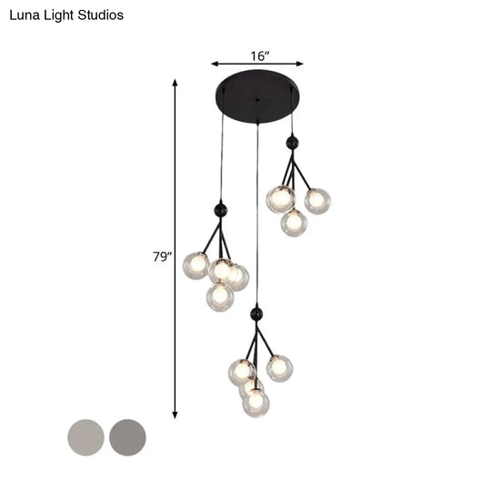 Modern Black/Gold Multi-Light Pendant With 12 Led Bulbs - Clear/Amber/Smoke Gray Glass Sphere Design