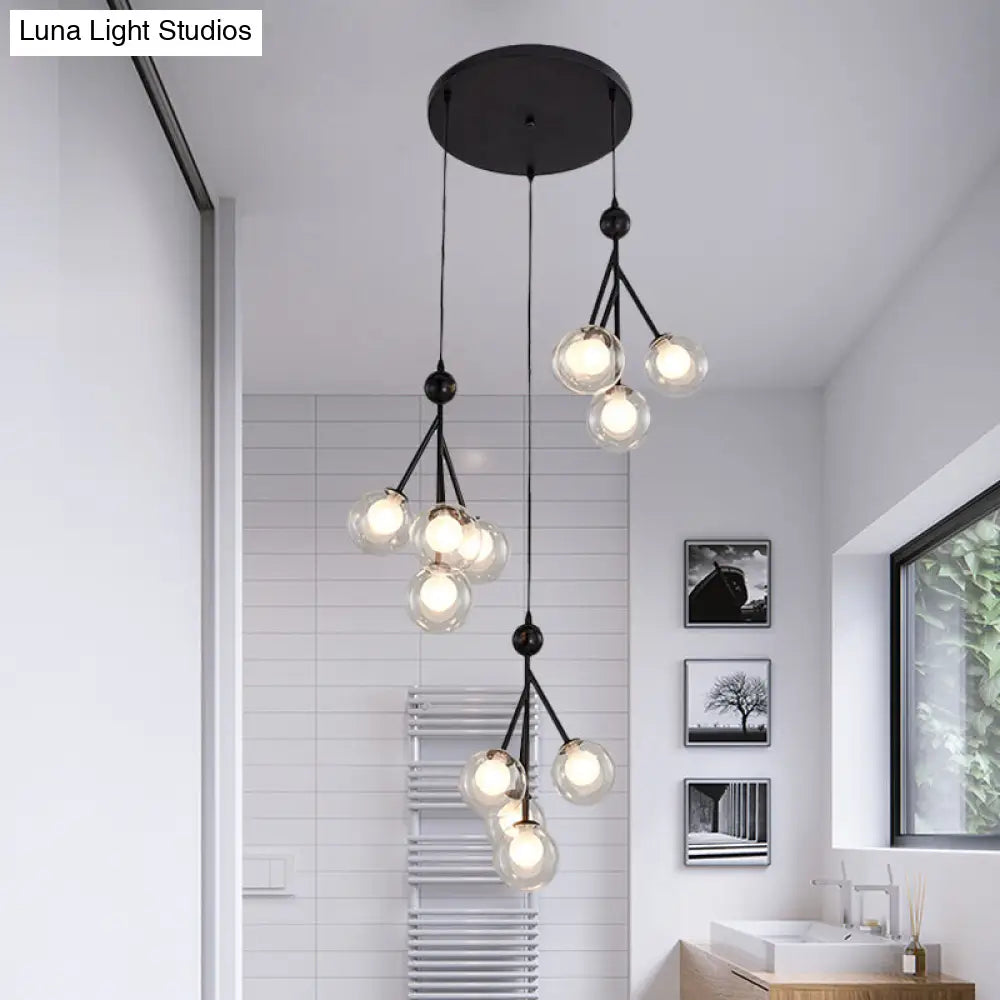 Modern Black/Gold Multi-Light Pendant With 12 Led Bulbs - Clear/Amber/Smoke Gray Glass Sphere Design