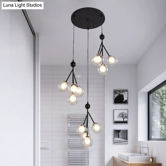 Modern Black/Gold Multi-Light Pendant With 12 Led Bulbs - Clear/Amber/Smoke Gray Glass Sphere Design