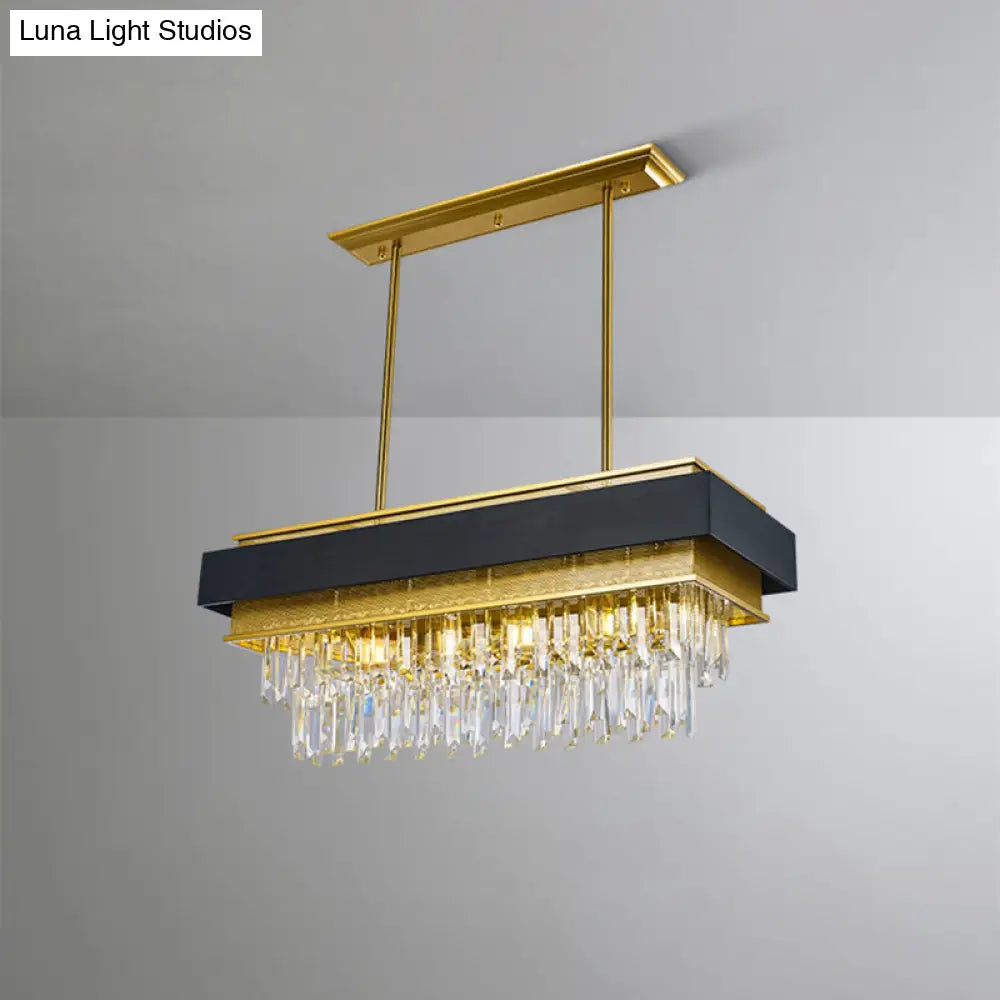 Modern Black/Gold 5-Head Rectangular Hanging Light With Clear Crystal Prisms - Island Lamp