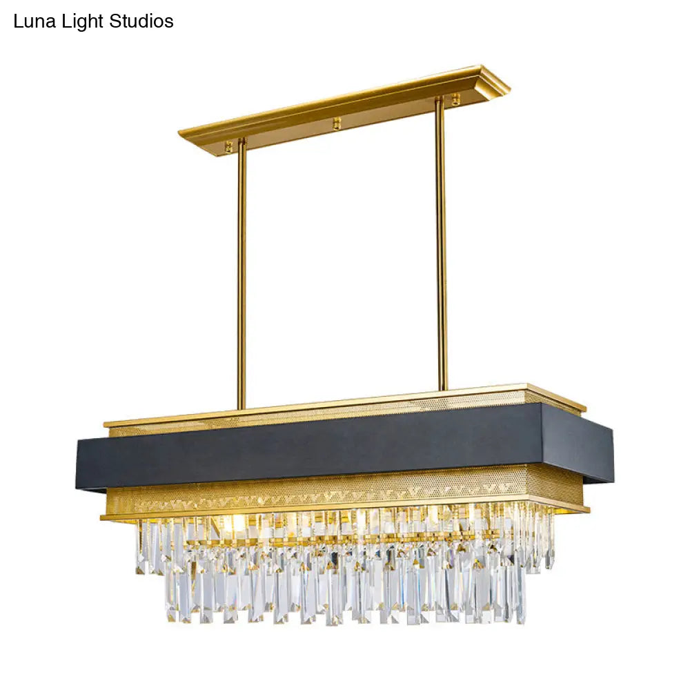 Modern Black/Gold 5-Head Rectangular Hanging Light With Clear Crystal Prisms - Island Lamp