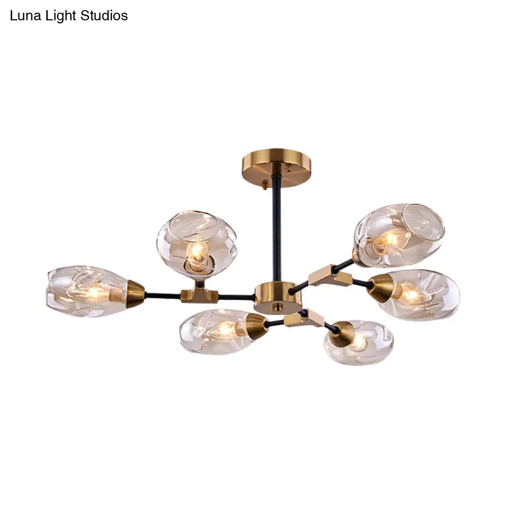 Modern Black & Gold 6-Head Dining Room Chandelier With Cup Dimpled Blown Glass Shades - Pendant