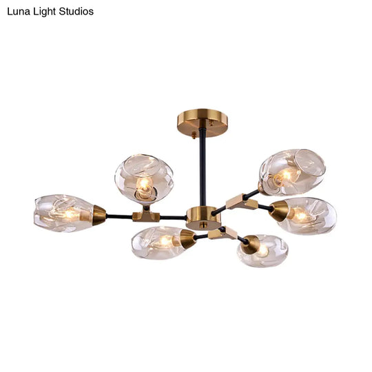 Modern Black & Gold 6-Head Dining Room Chandelier With Cup Dimpled Blown Glass Shades - Pendant