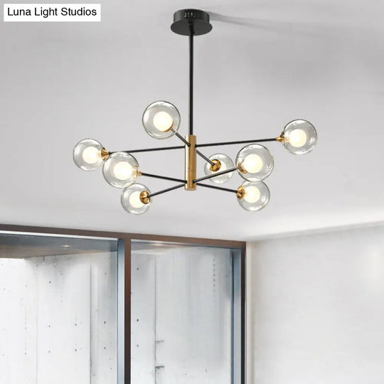 Modern Black & Gold 8-Light Pendant Chandelier With Clear Glass - Ball Living Room Hanging Lighting
