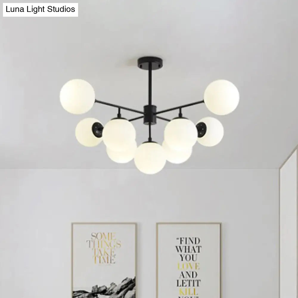 Modern Black/Gold Branch Chandelier - 7/9/11-Light Iron Pendant With White Glass Ball Shade