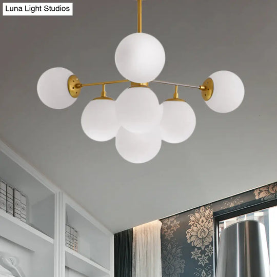 Modern Black/Gold Branch Chandelier - 7/9/11-Light Iron Pendant With White Glass Ball Shade