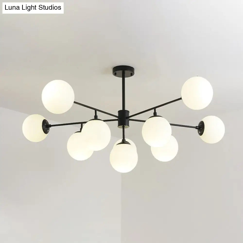 Modern Black/Gold Branch Chandelier - 7/9/11-Light Iron Pendant With White Glass Ball Shade