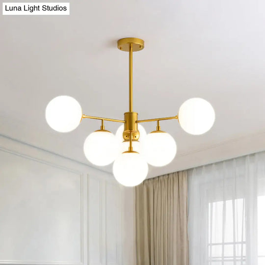 Modern Black/Gold Branch Chandelier - 7/9/11-Light Iron Pendant With White Glass Ball Shade