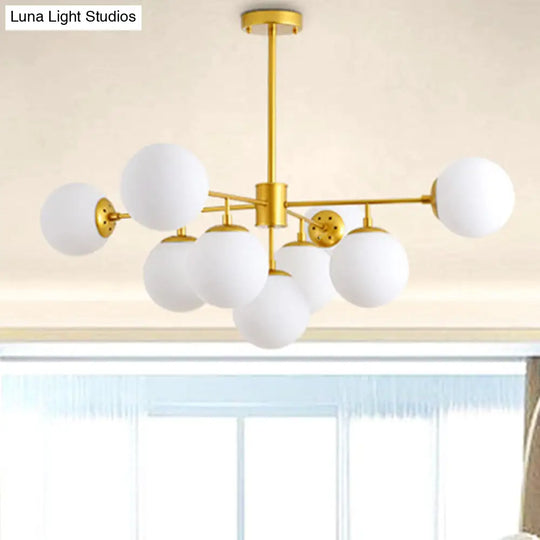 Modern Black/Gold Branch Chandelier - 7/9/11-Light Iron Pendant With White Glass Ball Shade