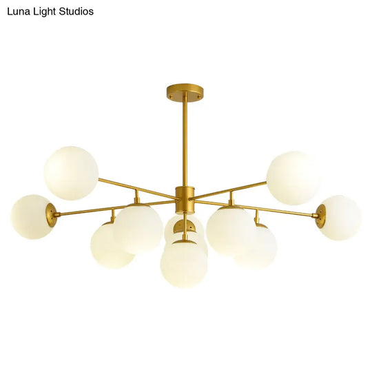 Modern Black/Gold Branch Chandelier - 7/9/11-Light Iron Pendant With White Glass Ball Shade