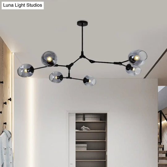 Modern Black/Gold Branch Chandelier Lamp - 5/6 Lights Smoke Gray/Tan Glass Dining Room Lighting