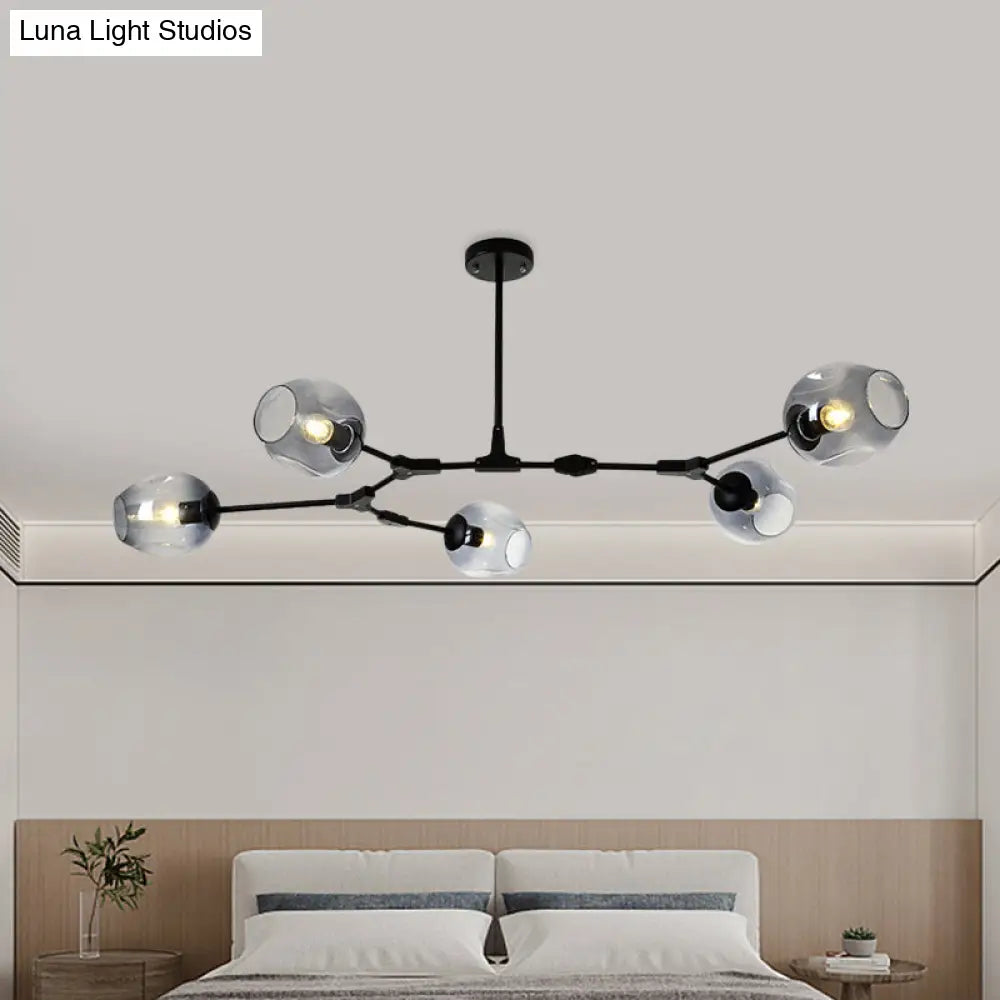 Modern Black/Gold Branch Chandelier Lamp - 5/6 Lights Smoke Gray/Tan Glass Dining Room Lighting