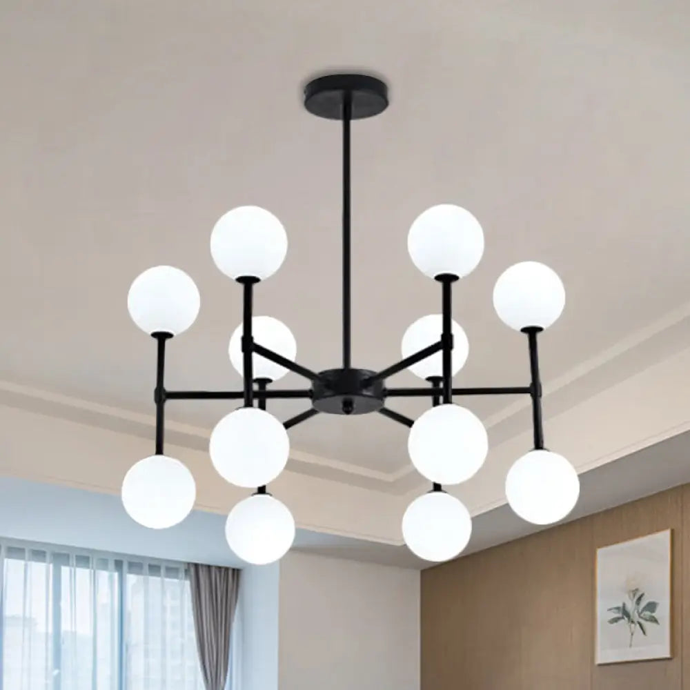 Modern Black/Gold Bubble Shade Chandelier With Opal Glass - 12 Light Ceiling Pendant For Living Room