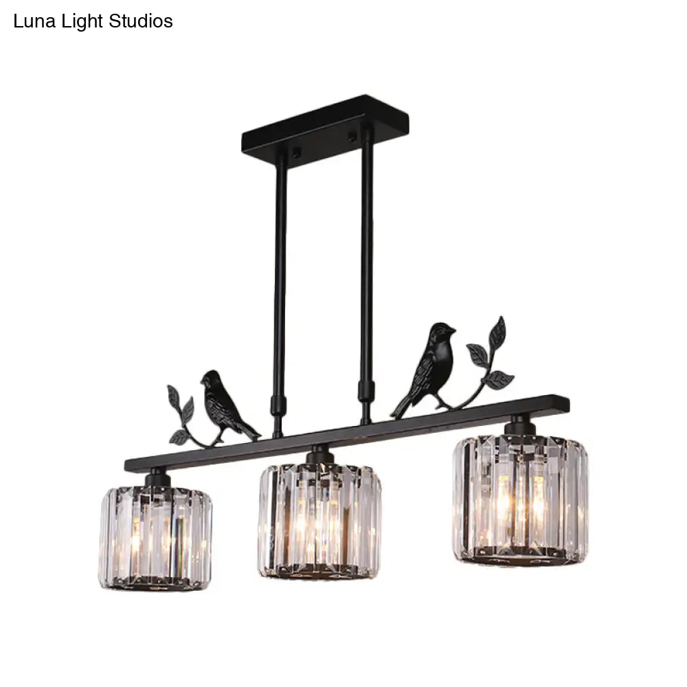 Modern Black/Gold Chandelier Lamp With Clear Crystal Drum Shade Bird Accent - 3 Heads Hanging Light