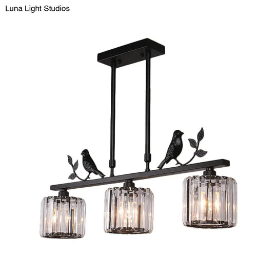 Modern Black/Gold Chandelier Lamp With Clear Crystal Drum Shade Bird Accent - 3 Heads Hanging Light