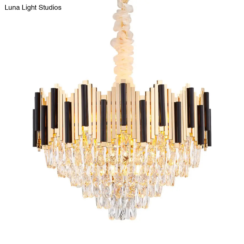 Modern Black-Gold Cone Chandelier With 6 Light Crystal Prisms - Stylish Ceiling Pendant For Living