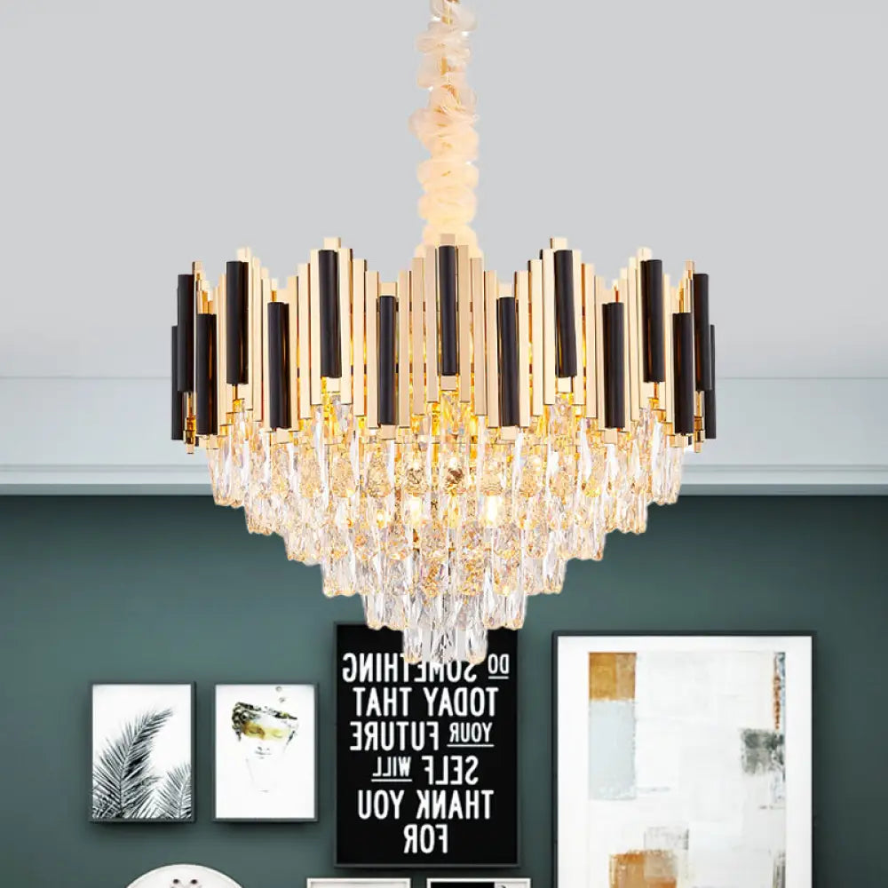 Modern Black-Gold Cone Chandelier With 6 Light Crystal Prisms - Stylish Ceiling Pendant For Living