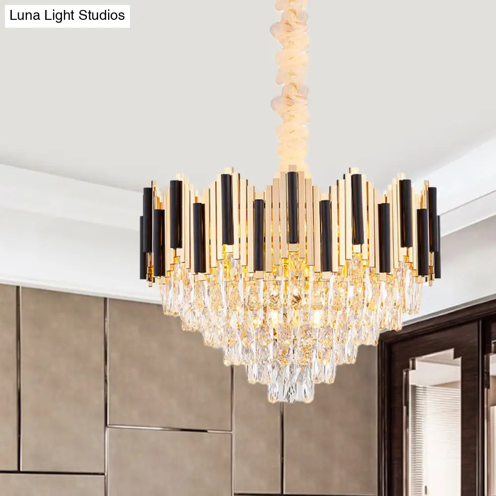 Modern Black-Gold Cone Chandelier With 6 Light Crystal Prisms - Stylish Ceiling Pendant For Living