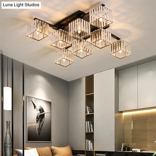 Modern Black/Gold Cubic Flush Mount Crystal Ceiling Lighting - 4/6/8 Lights For A Stylish Living