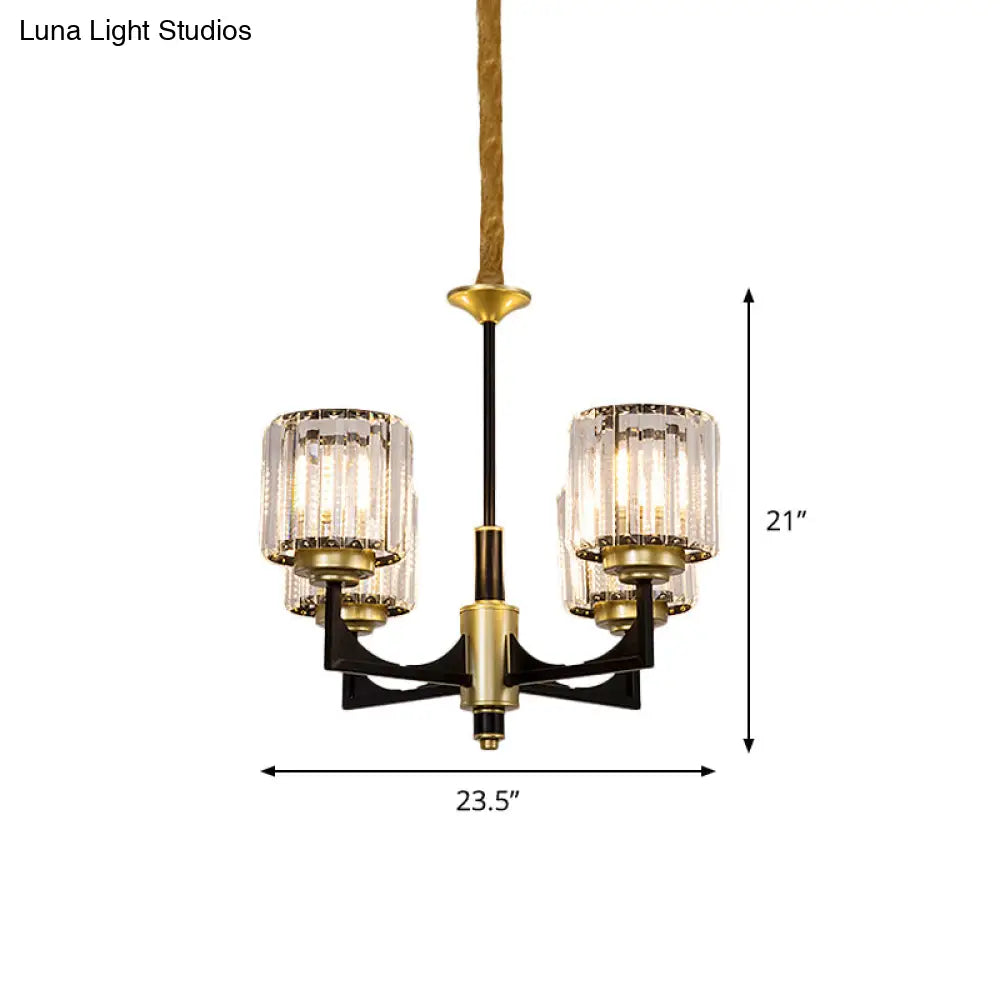 Modern Black & Gold Cylinder Chandelier With Clear Crystal Glass - 4/6 Head Dining Room Pendant