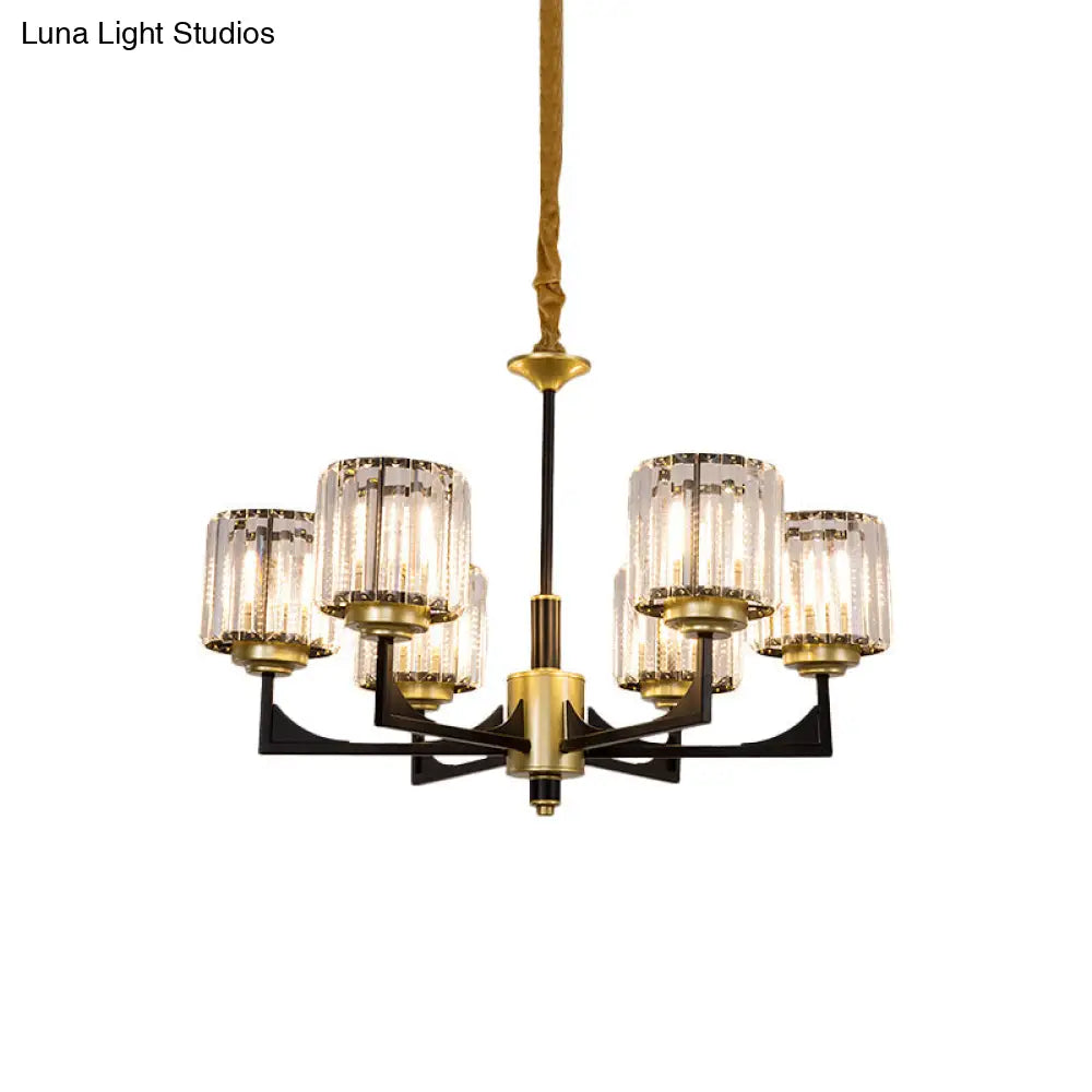 Modern Black & Gold Cylinder Chandelier With Clear Crystal Glass - 4/6 Head Dining Room Pendant