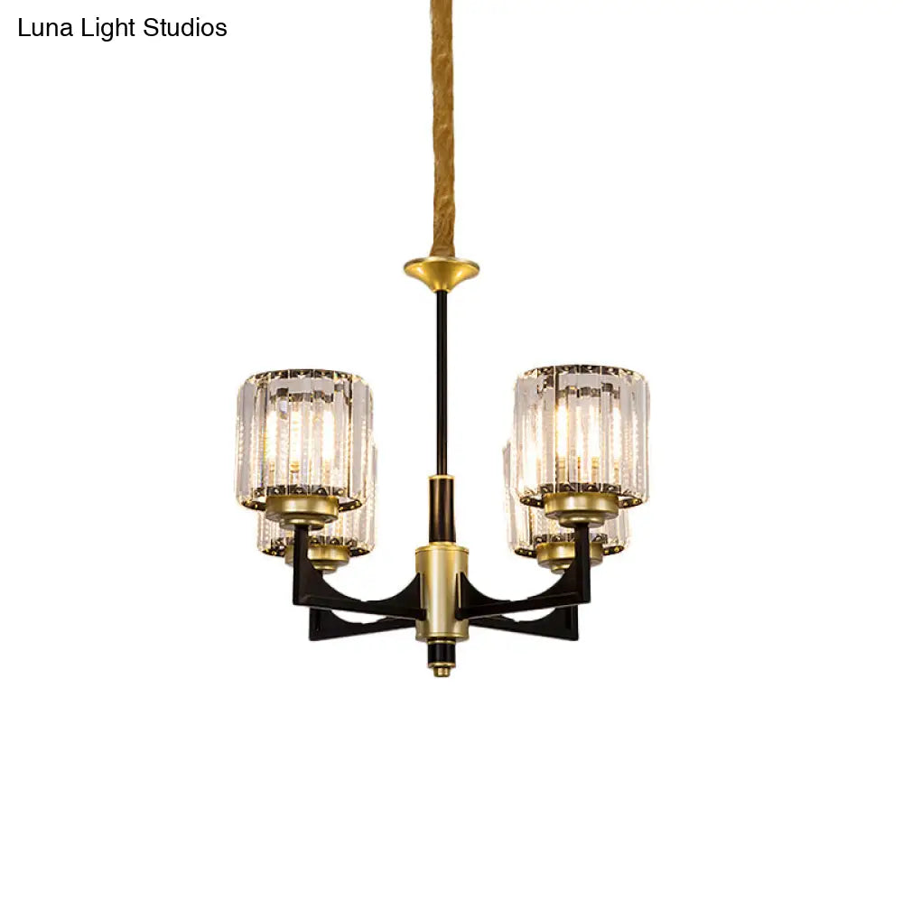 Modern Black & Gold Cylinder Chandelier With Clear Crystal Glass - 4/6 Head Dining Room Pendant