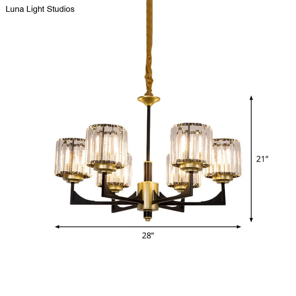 Modern Black And Gold Cylinder Chandelier With Clear Crystal Glass - 4/6 Head Dining Room Pendant