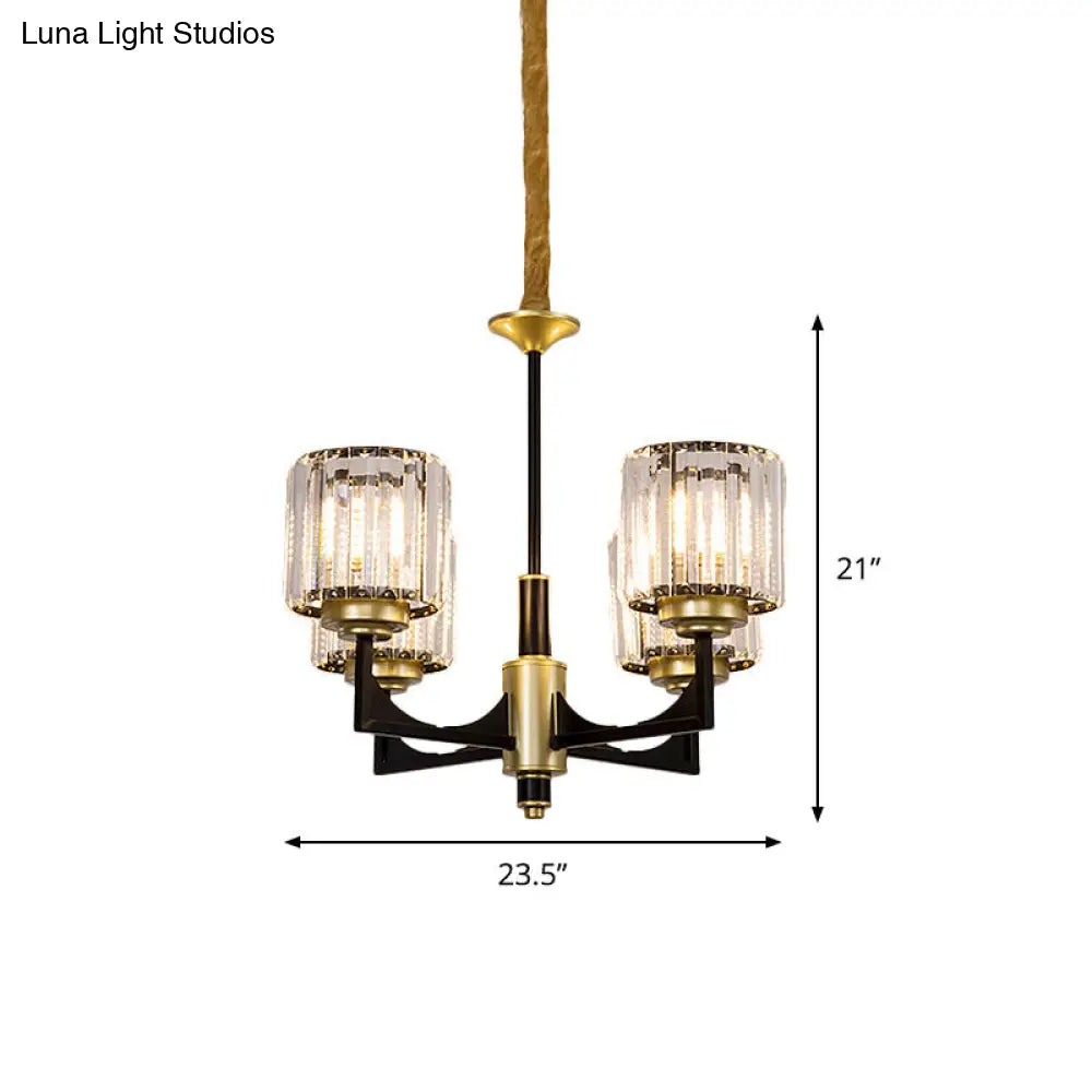 Modern Black And Gold Cylinder Chandelier With Clear Crystal Glass - 4/6 Head Dining Room Pendant