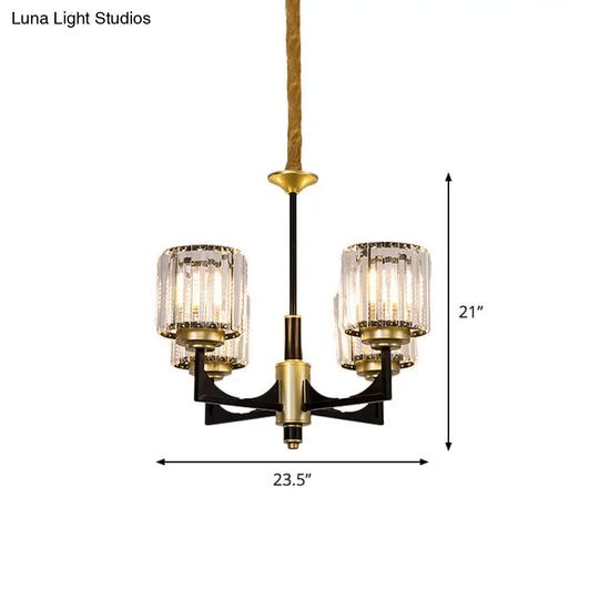 Modern Black And Gold Cylinder Chandelier With Clear Crystal Glass - 4/6 Head Dining Room Pendant