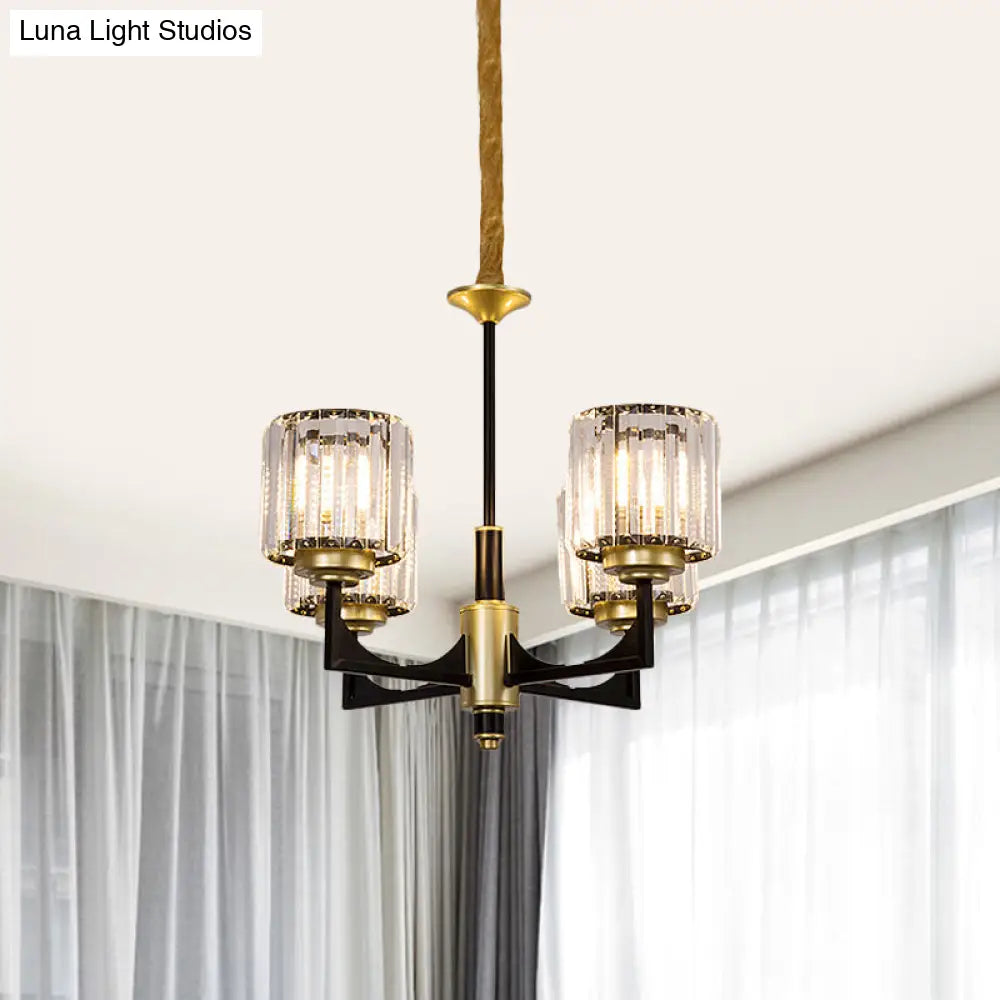 Modern Black And Gold Cylinder Chandelier With Clear Crystal Glass - 4/6 Head Dining Room Pendant 4