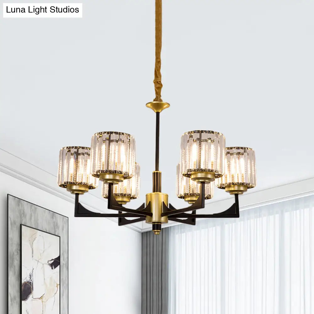 Modern Black & Gold Cylinder Chandelier With Clear Crystal Glass - 4/6 Head Dining Room Pendant