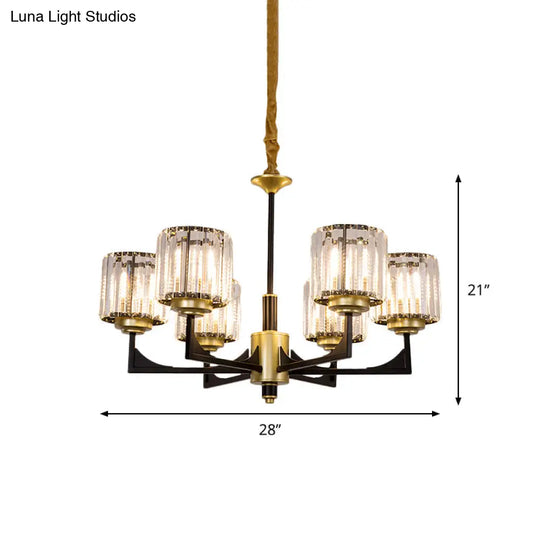 Modern Black & Gold Cylinder Chandelier With Clear Crystal Glass - 4/6 Head Dining Room Pendant