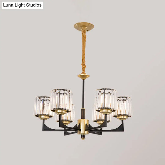 Modern Black & Gold Cylinder Chandelier With Clear Crystal Glass - 4/6 Head Dining Room Pendant