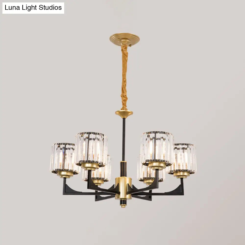 Modern Black And Gold Cylinder Chandelier With Clear Crystal Glass - 4/6 Head Dining Room Pendant