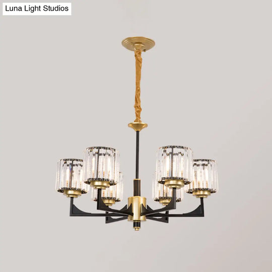 Modern Black And Gold Cylinder Chandelier With Clear Crystal Glass - 4/6 Head Dining Room Pendant