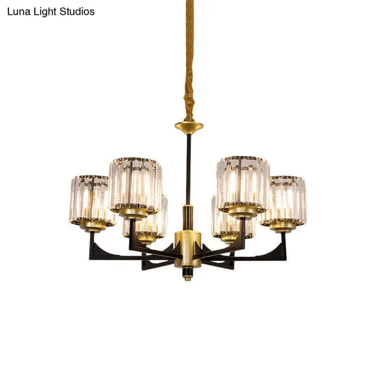 Modern Black And Gold Cylinder Chandelier With Clear Crystal Glass - 4/6 Head Dining Room Pendant