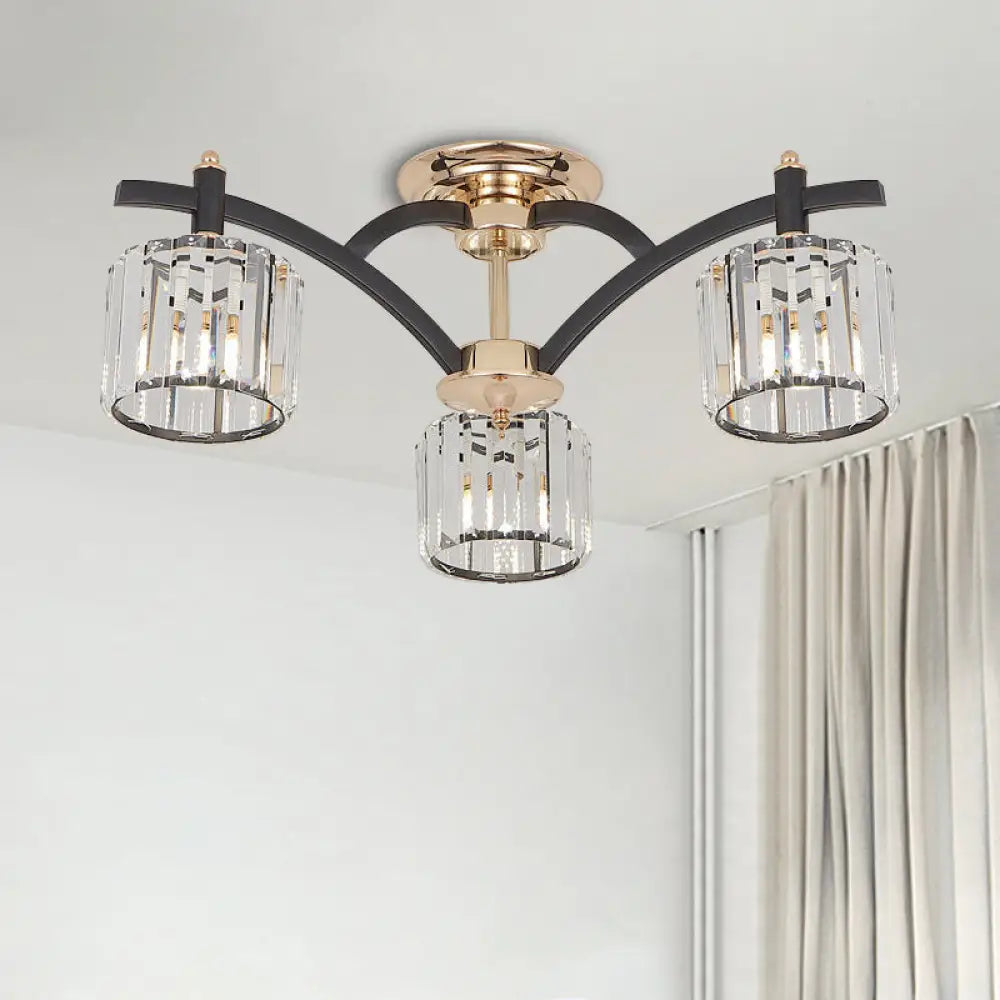 Modern Black & Gold Cylinder Crystal Block Semi Flush Light - Bedroom Ceiling Lamp (3/6 Heads) 3 /