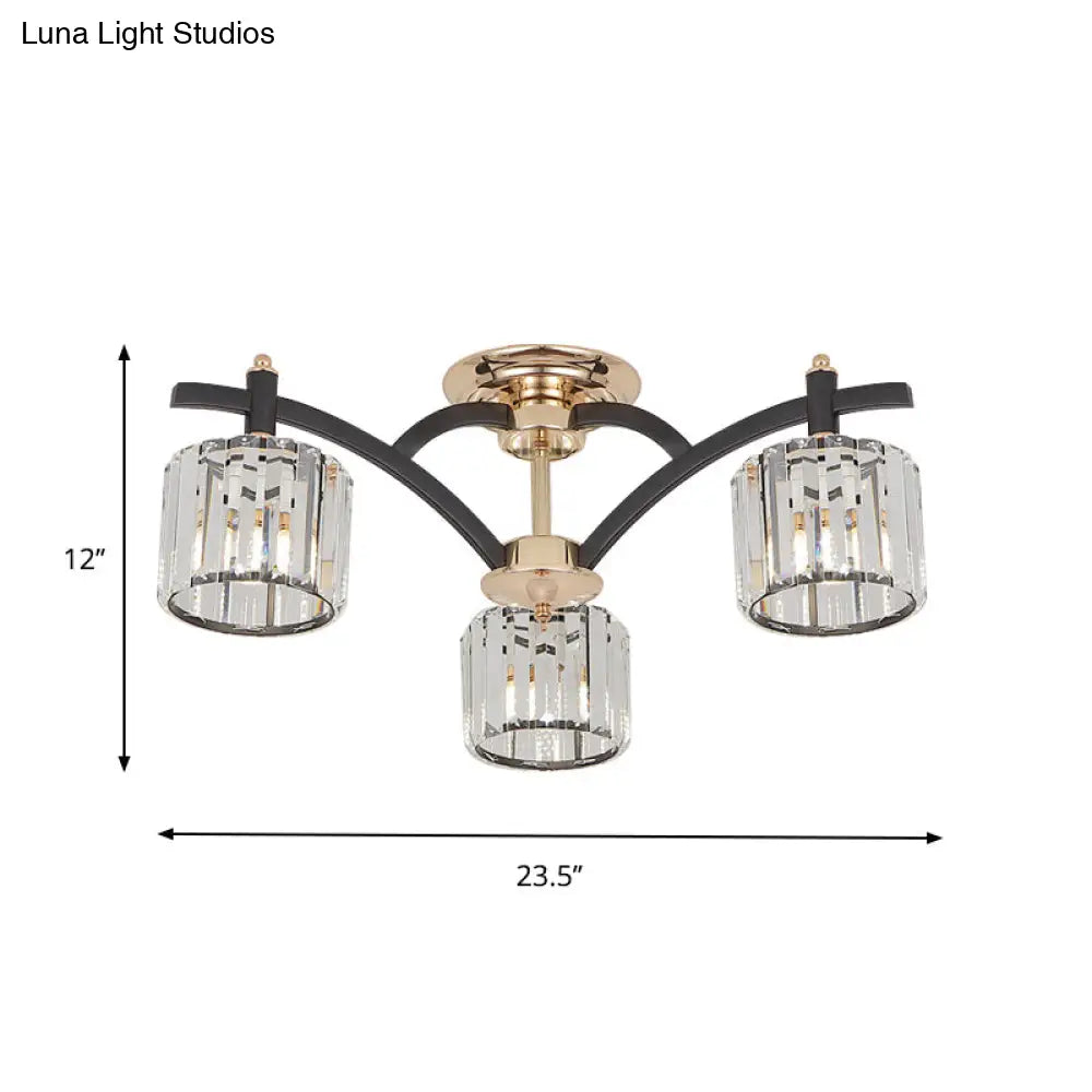 Modern Black & Gold Cylinder Crystal Block Semi Flush Light - Bedroom Ceiling Lamp (3/6 Heads)