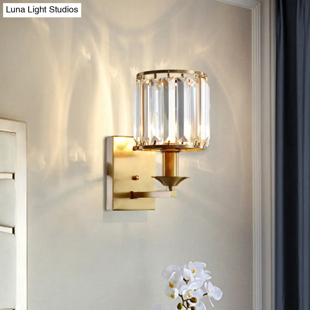 Modern Black/Gold Cylinder Sconce Light Fixture With Crystal Wall Mounted Lighting