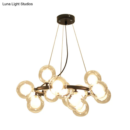 Modern Black/Gold Finish Glass 15/25-Bulb Global Shade Chandelier Lamp With Metal Ring - Ceiling