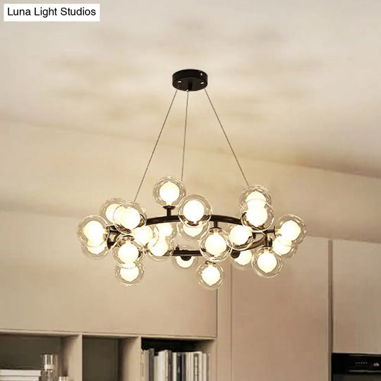 Modern Glass Chandelier - Global Shade Ceiling Light Fixture With Black/Gold Finish And Metal Ring