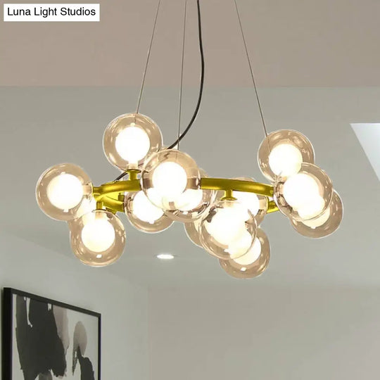 Modern Glass Chandelier - Global Shade Ceiling Light Fixture With Black/Gold Finish And Metal Ring