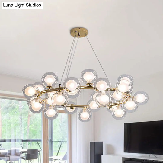 Modern Glass Chandelier - Global Shade Ceiling Light Fixture With Black/Gold Finish And Metal Ring