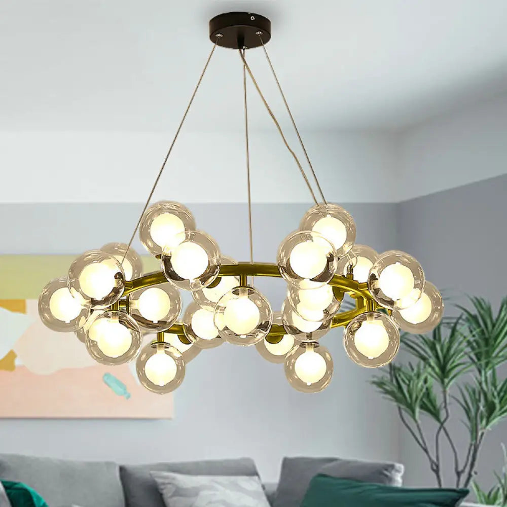 Modern Black/Gold Finish Glass 15/25-Bulb Global Shade Chandelier Lamp With Metal Ring - Ceiling