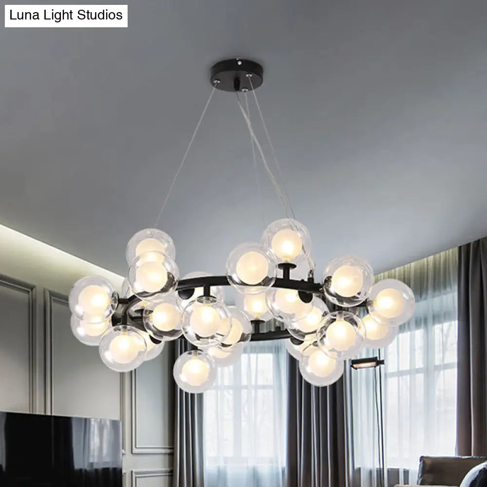 Modern Glass Chandelier - Global Shade Ceiling Light Fixture With Black/Gold Finish And Metal Ring