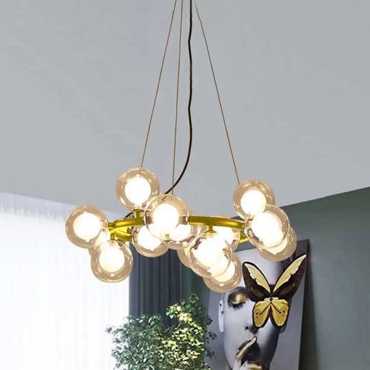 Modern Black/Gold Finish Glass 15/25-Bulb Global Shade Chandelier Lamp With Metal Ring - Ceiling