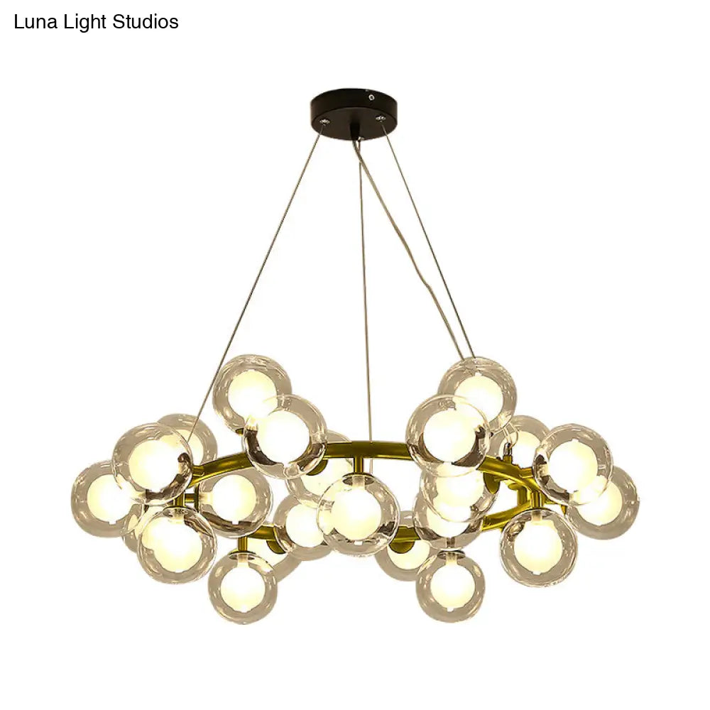 Modern Black/Gold Finish Glass 15/25-Bulb Global Shade Chandelier Lamp With Metal Ring - Ceiling