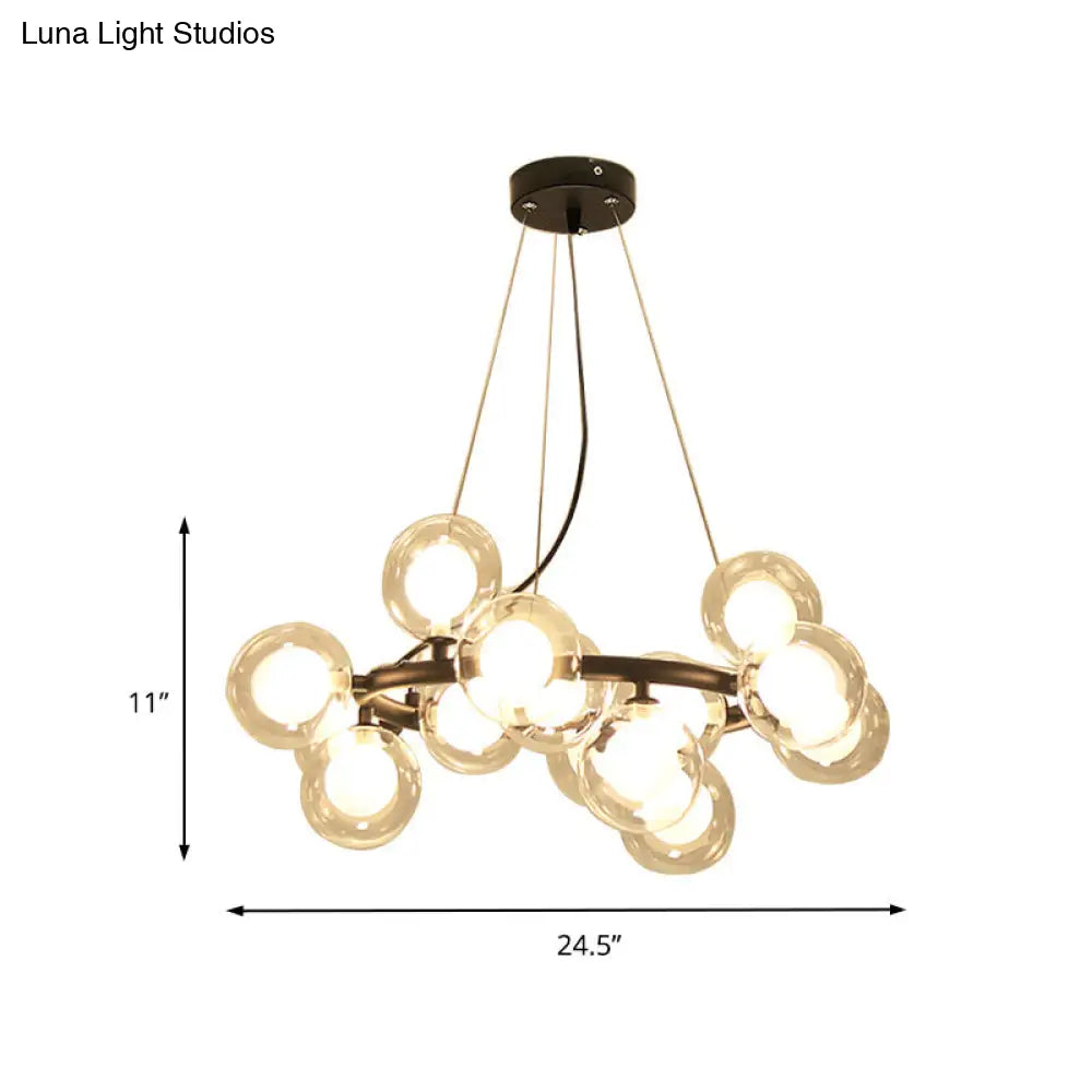 Modern Glass Chandelier - Global Shade Ceiling Light Fixture With Black/Gold Finish And Metal Ring