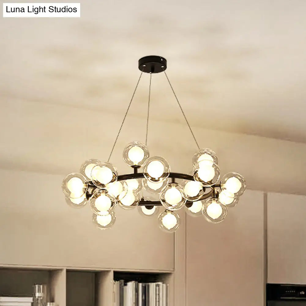 Modern Black/Gold Finish Glass 15/25-Bulb Global Shade Chandelier Lamp With Metal Ring - Ceiling