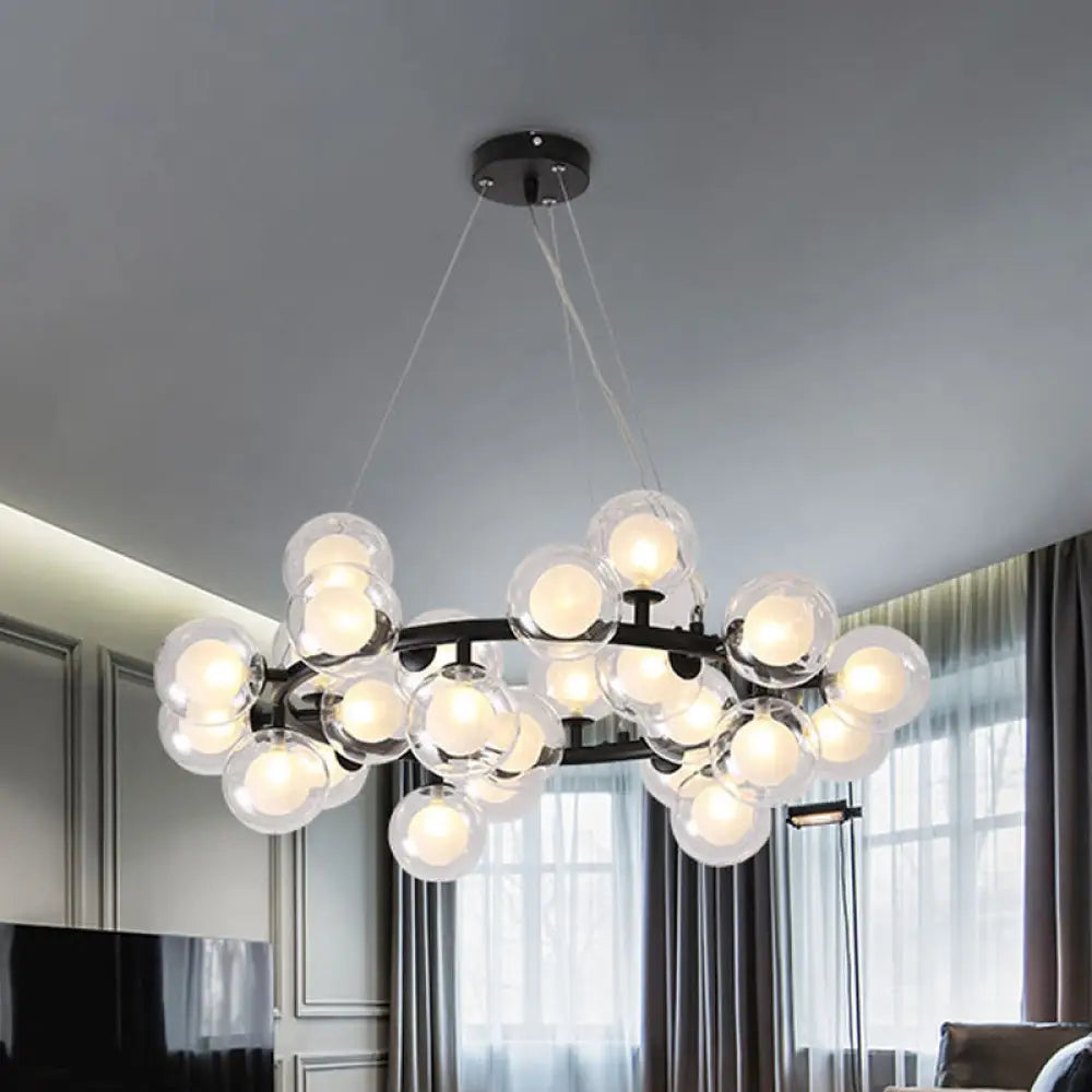 Modern Black/Gold Finish Glass 15/25-Bulb Global Shade Chandelier Lamp With Metal Ring - Ceiling